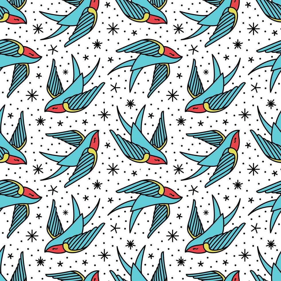 seamless pattern with swallows in the style of an old-school tattoo. Vector illustration