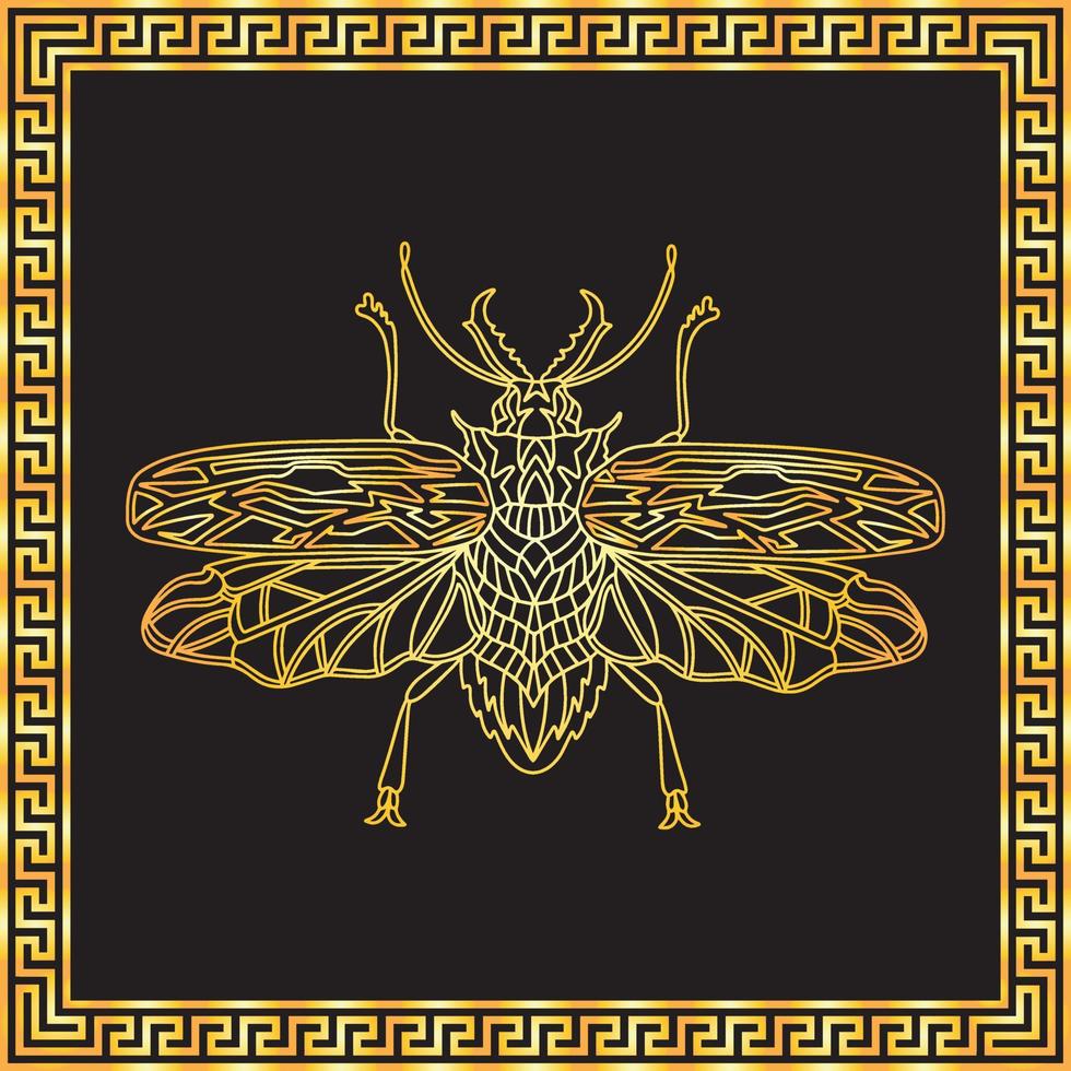 A golden beetle with a golden square frame in Greek style. vector