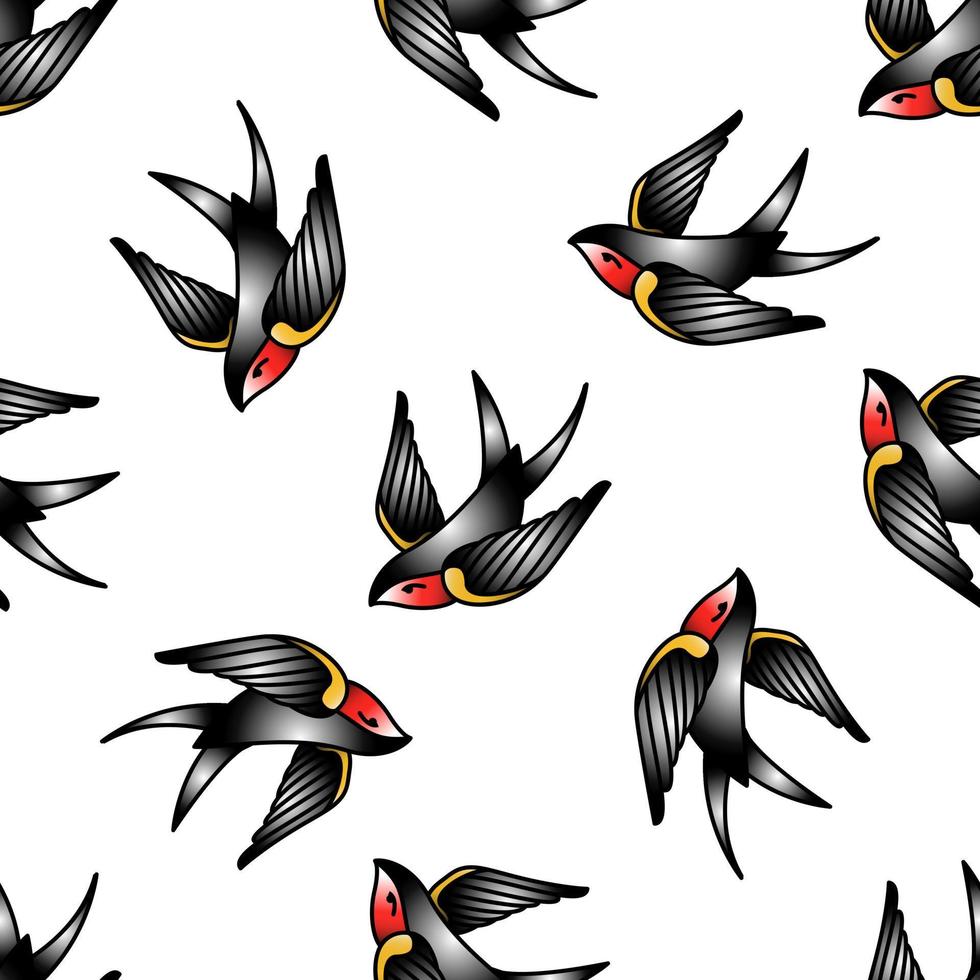 pattern with swallows in old-school tattoo style vector