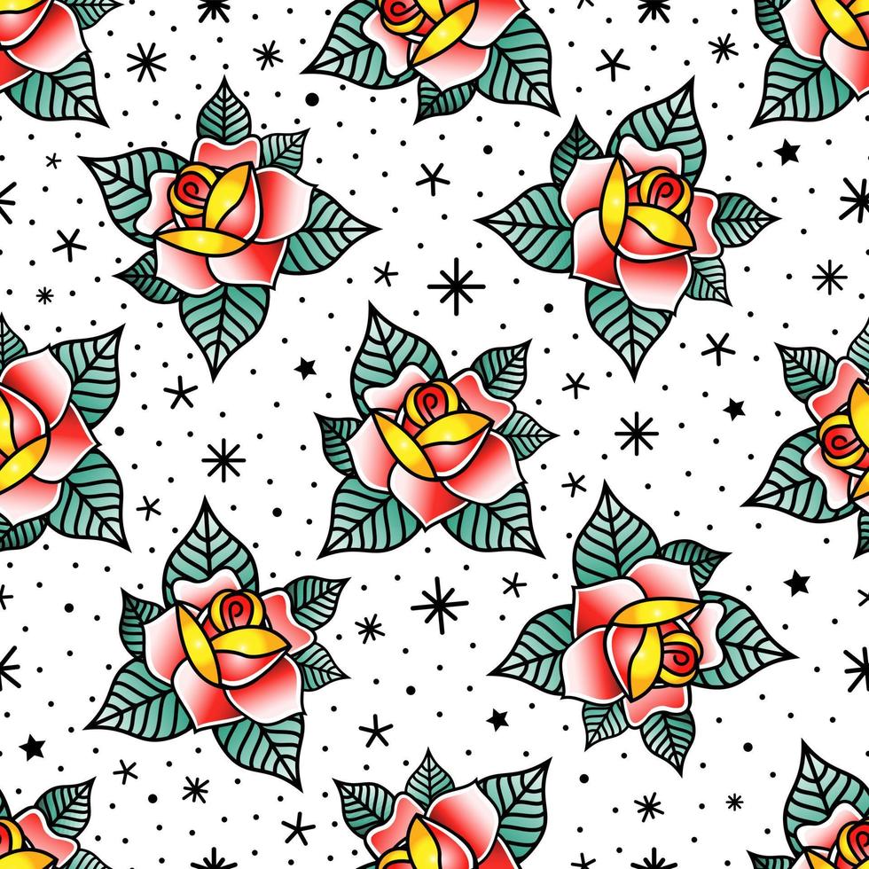 Seamless pattern with roses in the style of old school tattoo vector