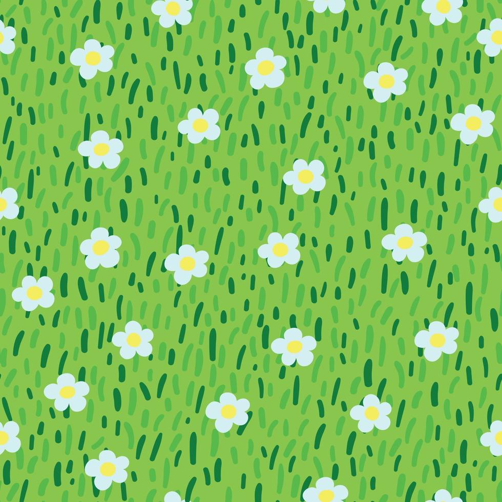 Decorative Vector Seamless Pattern with Spring Flowers on Meadow Grass