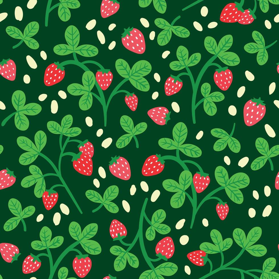 patrón decorativo sin costuras con fresa y hojas sobre fondo verde oscuro vector