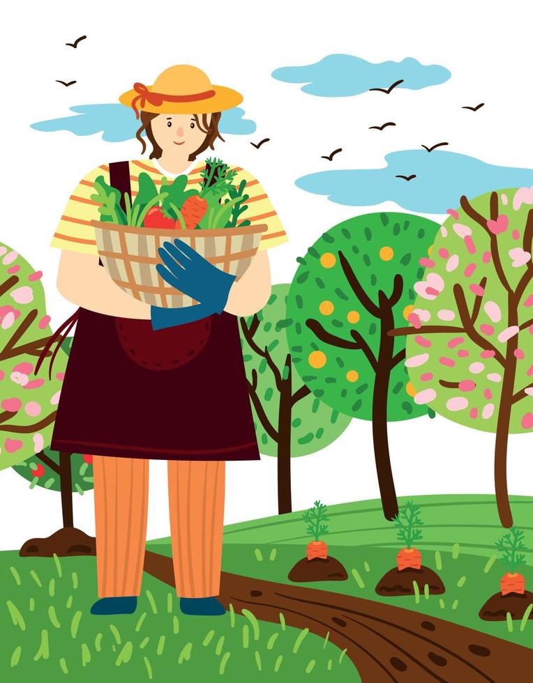Vector Illustration of a Farmer - Girl Growing Plants and Harvesting Crops on a Farm Among a Field. Happy Gardener - Girl Carries a Basket of Vegetables and Herbs in Her Hands