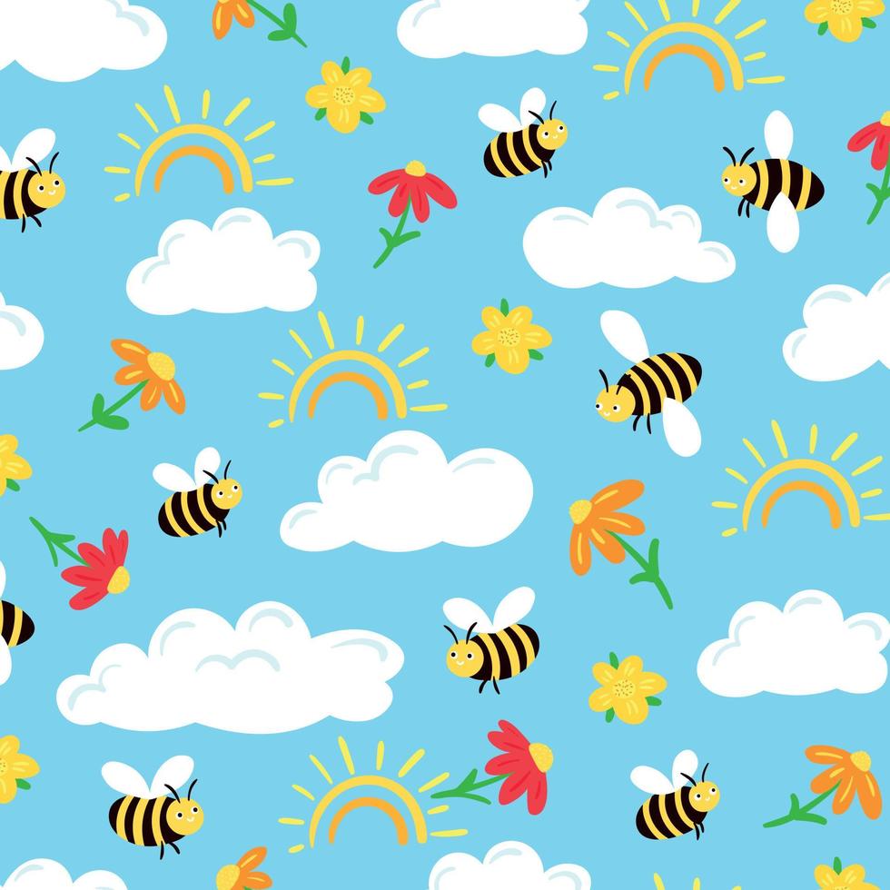 Decorative Childish Seamless Pattern with Bees with Flowers and Clouds on Blue Background vector