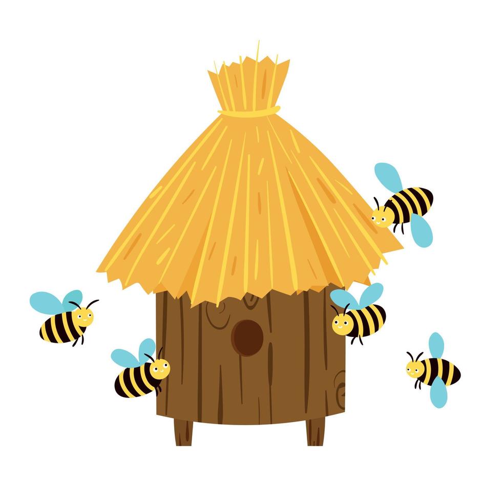 Vector Illustration of Wooden Beehive with Wild Bees