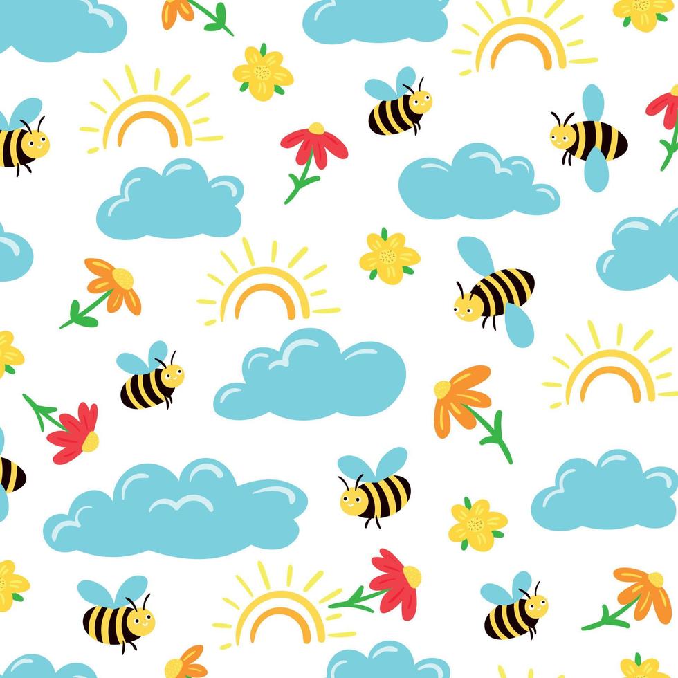 Decorative Childish Seamless Pattern with Bees with Flowers and Clouds vector
