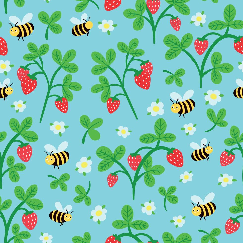 Decorative Seamless Pattern with Cute Cartoon Bees and Strawberry vector