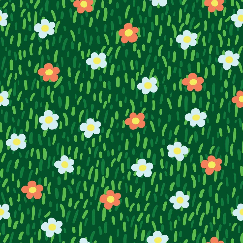 Decorative Vector Pattern with Pink and White Spring Flowers on Meadow Grass