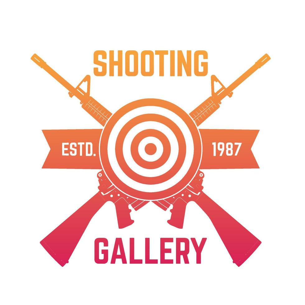 Shooting Gallery logo with crossed assault rifles and target on white, vector illustration