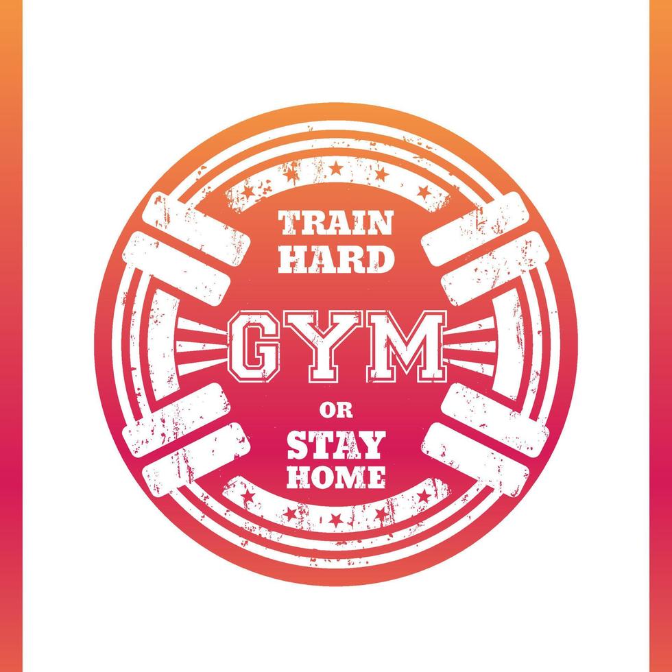 Round gym emblem, logo, badge with two barbells isolated on white, vector illustration