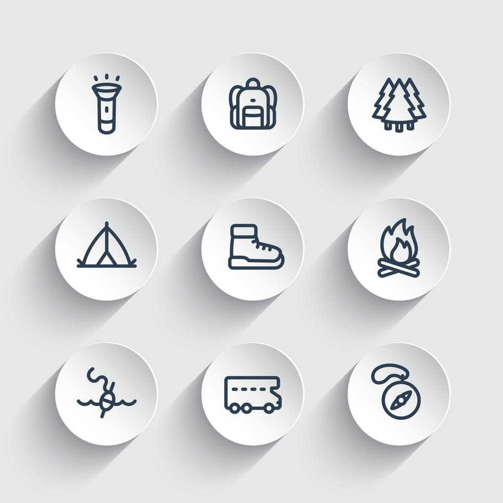 Camping line icons set, backpack, tent, RV, camper van, boots, forest, compass, fishing, vector illustration