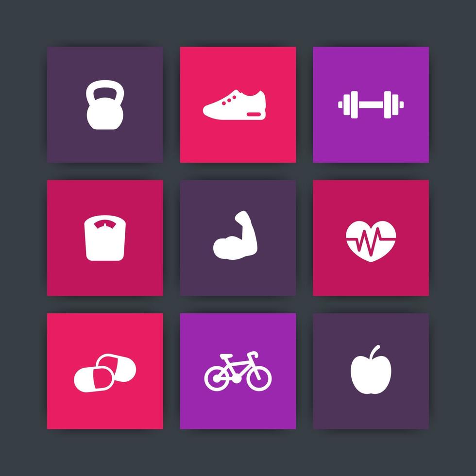 Fitness icons, simple fitness pictograms, icons on squares, vector illustration