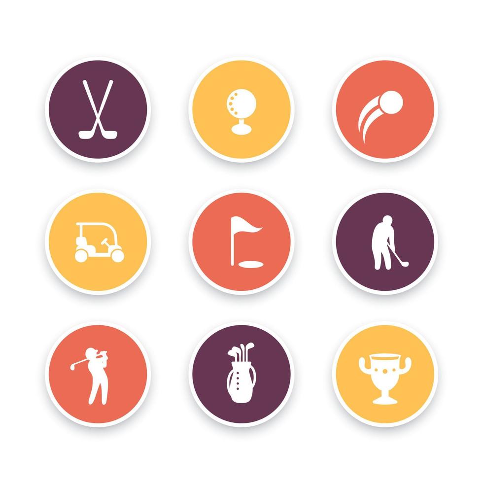 iconos de golf, palos de golf, jugador de golf, golfista, bolsa de golf, carteles de golf, conjunto de iconos redondos, ilustración vectorial vector