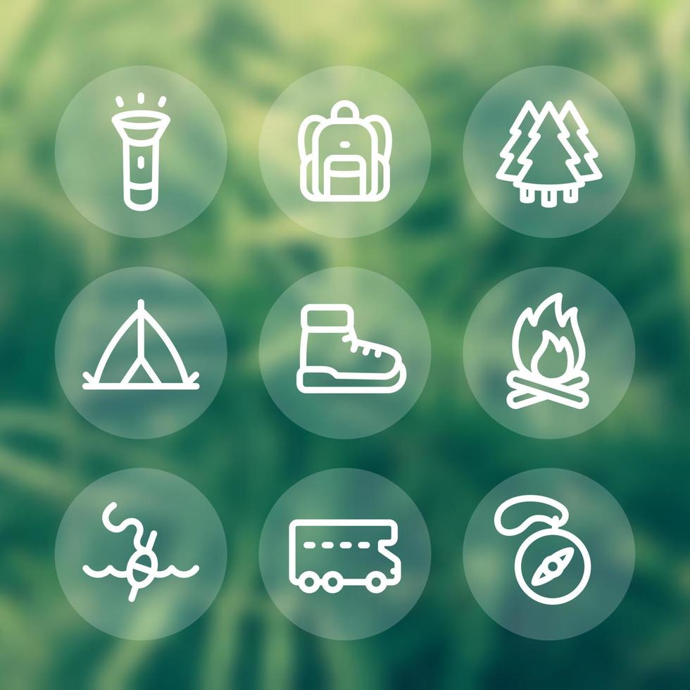 Camping line icons set, backpack, tent, boots, forest, compass, fishing, camper vector