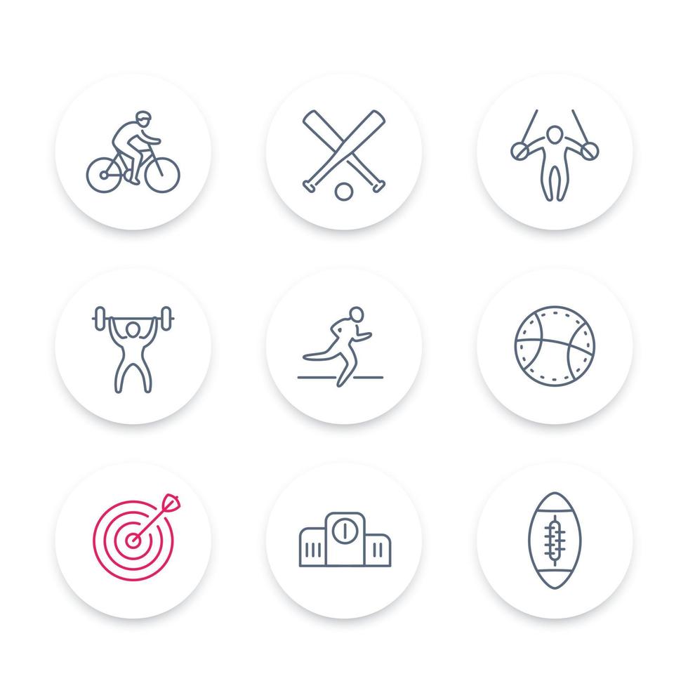 different kind of sports, round line icons, sports linear signs, vector illustration
