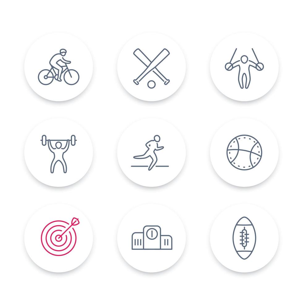 diferentes tipos de deportes, iconos de línea redonda, signos lineales deportivos, ilustración vectorial vector