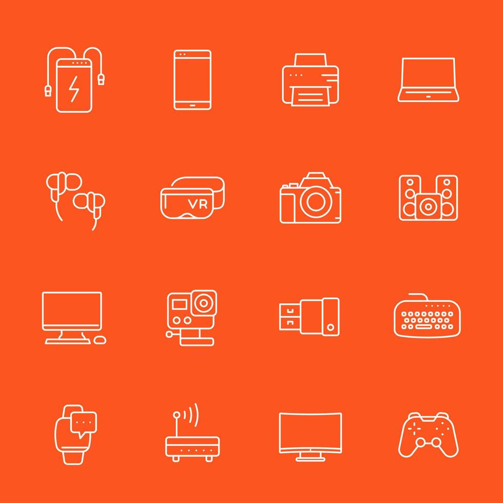 gadgets, modern devices icons set, thin linear style, action camera, portable power bank, smart watch, vr headset and others vector