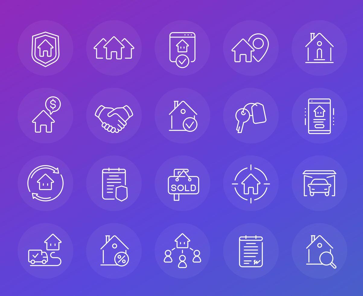 Real estate line icons, tenants, apartments, houses for rent, mortgage and insurance vector