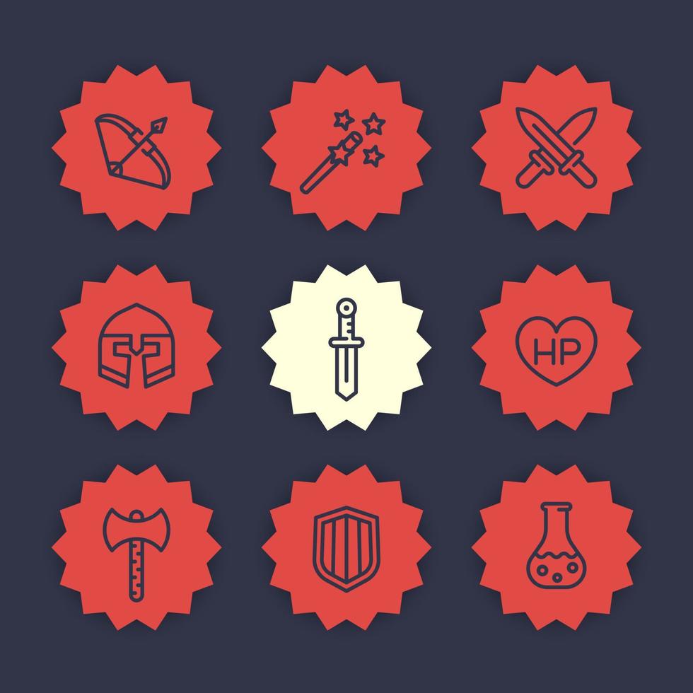 conjunto de iconos de línea de juego, rpg, fantasía, espadas, varita mágica, caballero, arco, casco, armadura, poción vector
