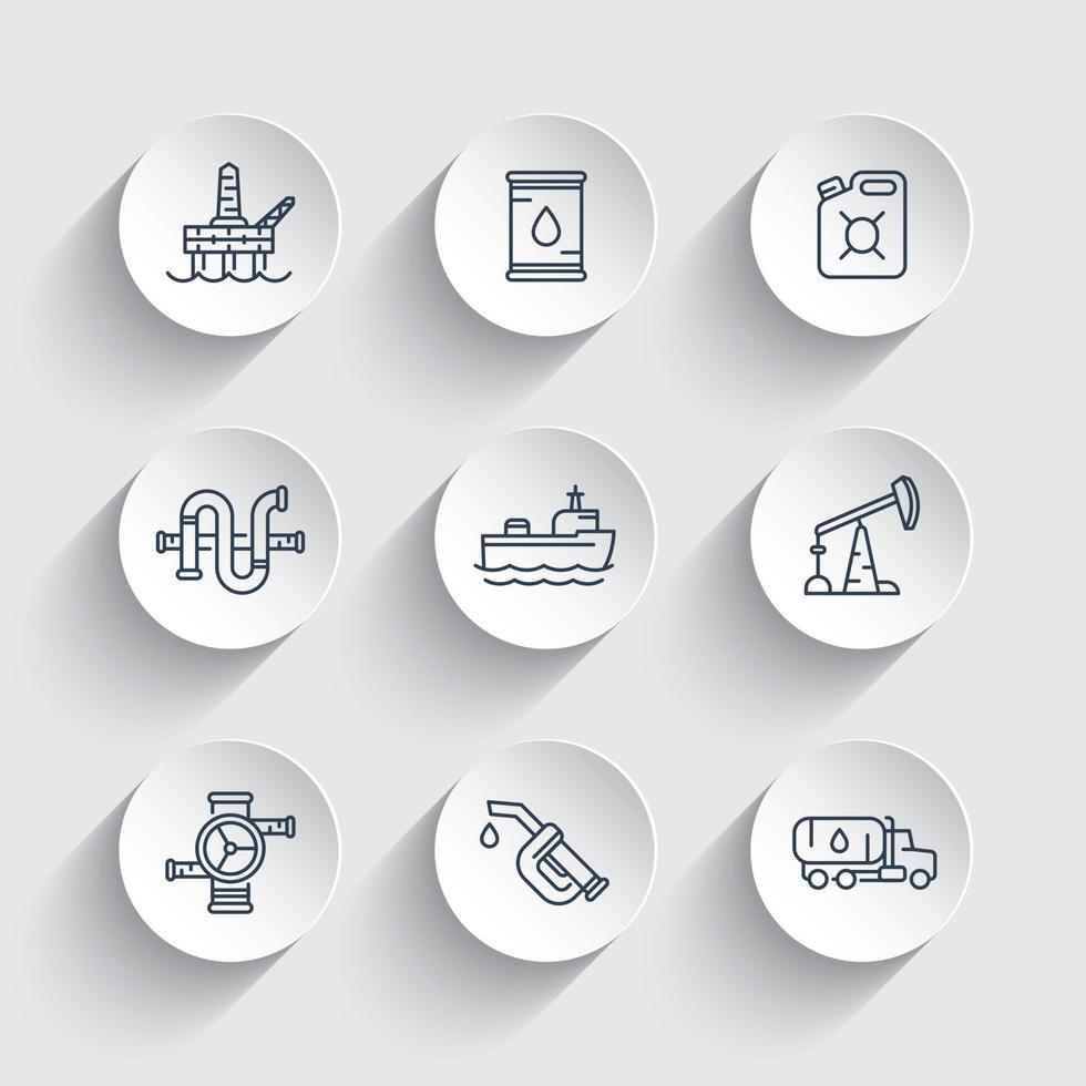 Petroleum industry line icons, gasoline nozzle, barrel, oil and gas production platform, petrol canister, rig, derrick, tanker ship, vector illustration