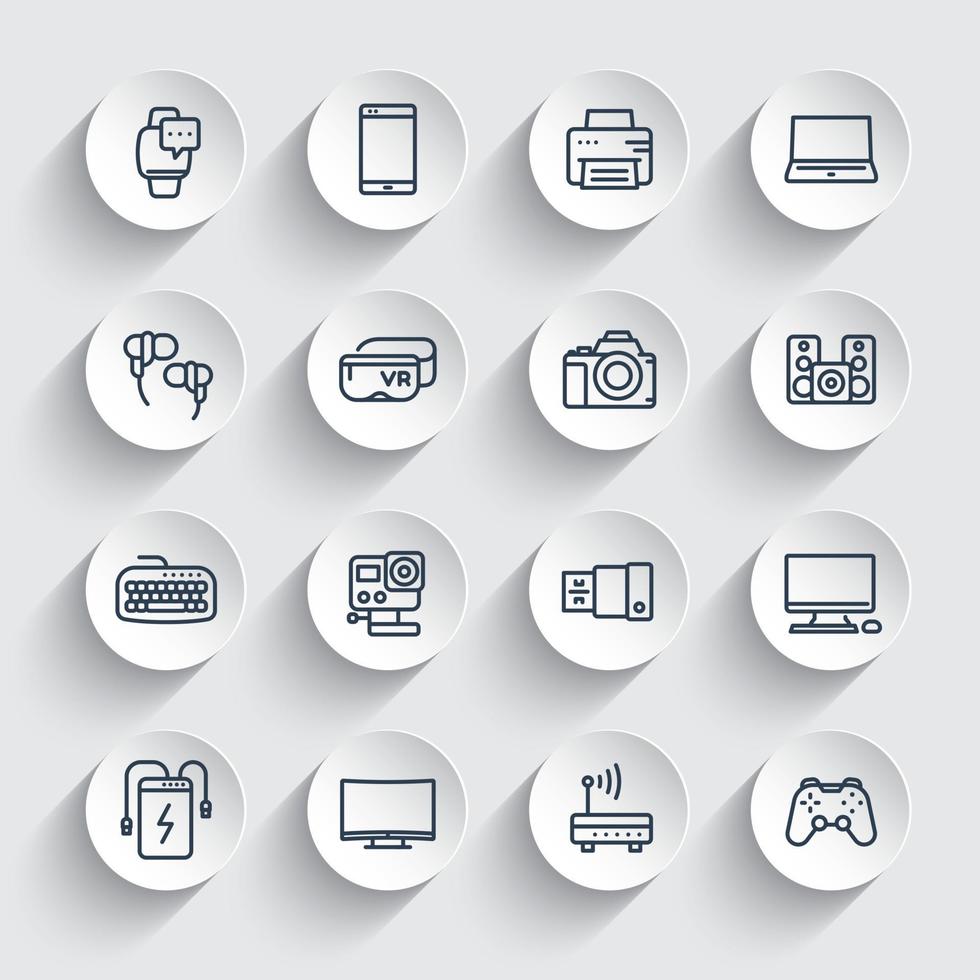 gadgets, modern devices line icons set, laptop, action camera, power bank, smart watch and other electronics vector