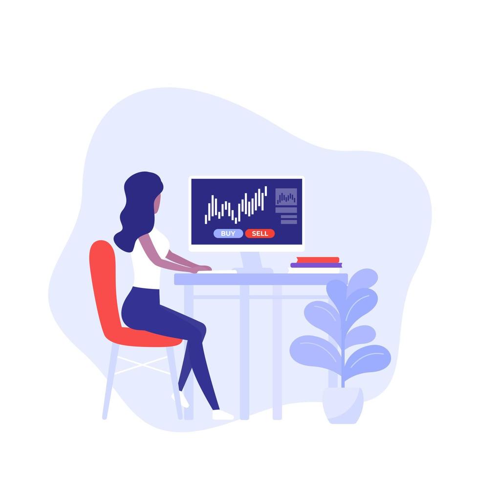 trading, forex and stock market, woman at computer, vector