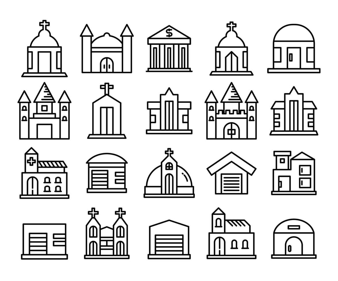 conjunto de iconos de línea de construcción de castillo, iglesia y garaje vector