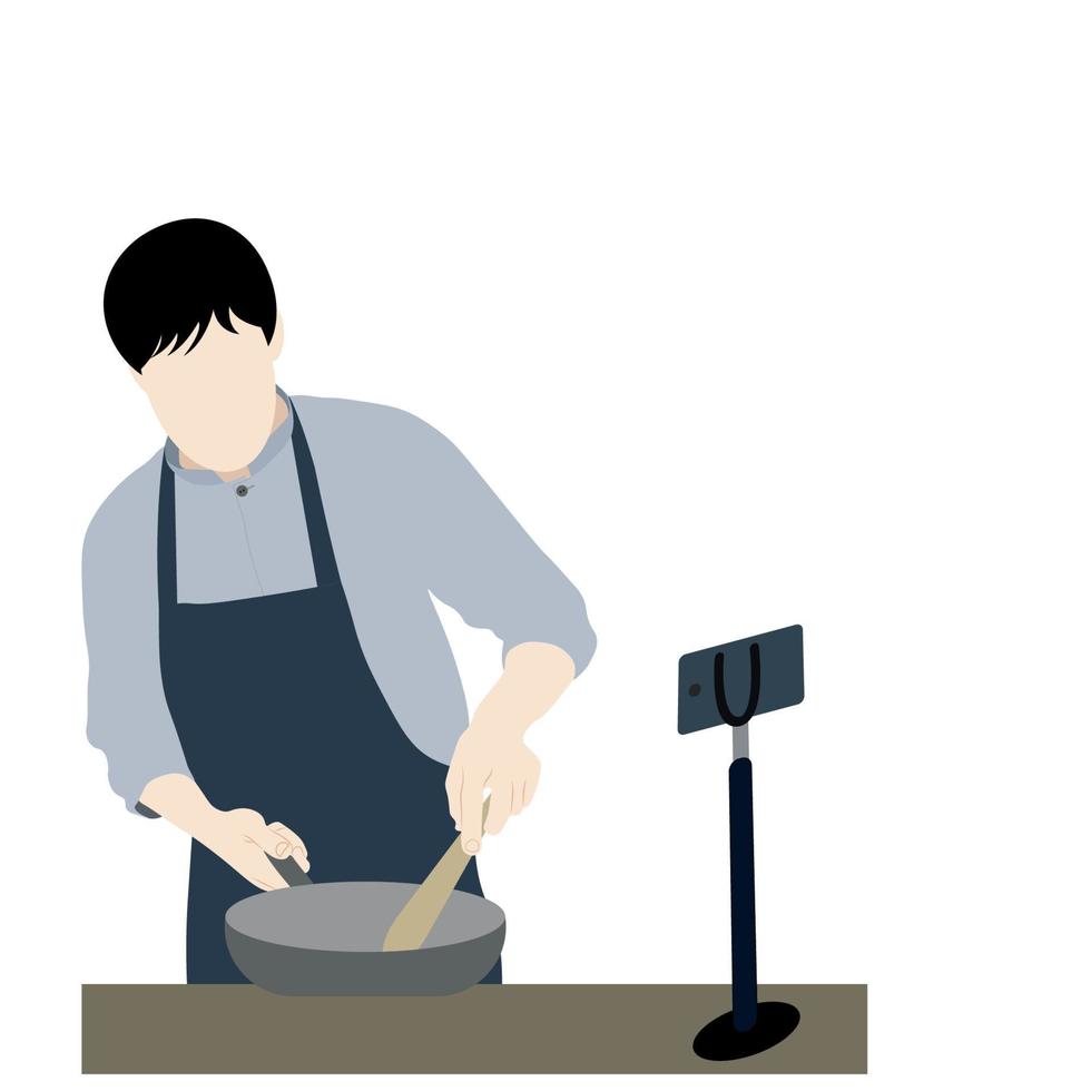 The guy shoots a video on the phone about cooking, flat vector, isolate on a white background, blogger, opinion leader, influencer vector