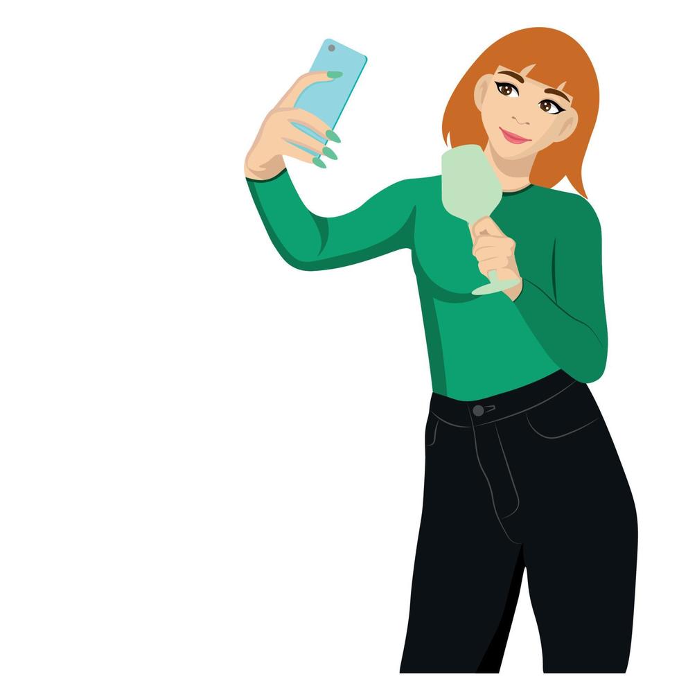 chica pelirroja con un teléfono en una mano y un vaso en la otra, vector plano, aislada en un fondo blanco, bloguera, líder de opinión, persona influyente