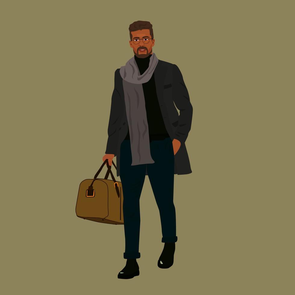 Stylish man in coat and warm scarf with bag walks forward. vector