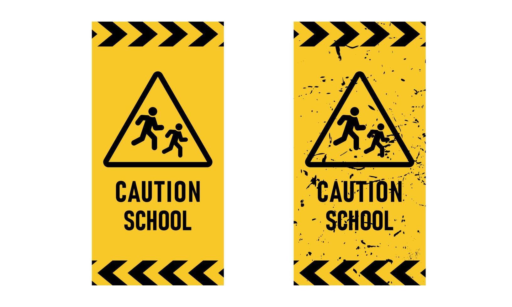 Caution school informational sign. Attention kids hazard banner. Yellow and black grunge background. Vector illustration