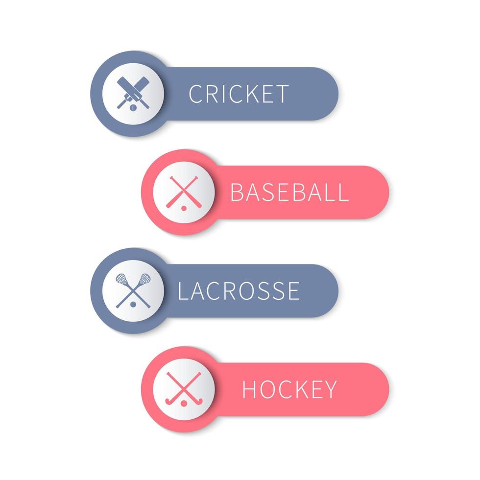 Cricket, baseball, lacrosse, field hockey, team sports labels and banners isolated on white, vector illustration