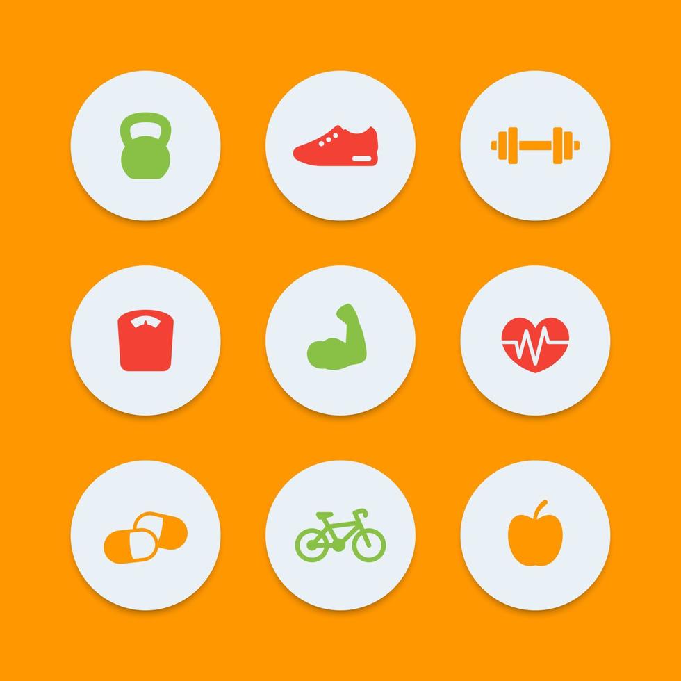iconos de fitness, pictogramas de fitness simples, iconos de colores redondos, ilustración vectorial vector