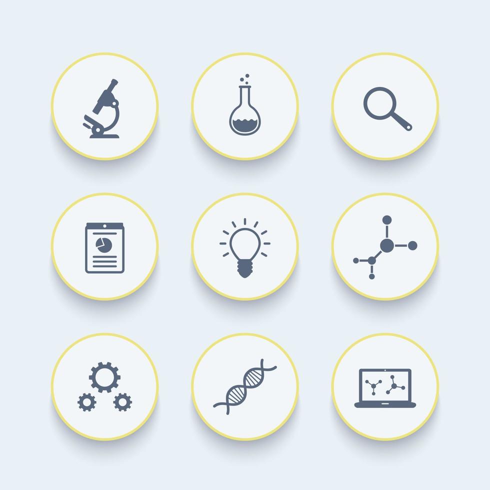 Science icons, research, laboratory, microscope, dna chain, lab glass, science signs, round icons, vector illustration