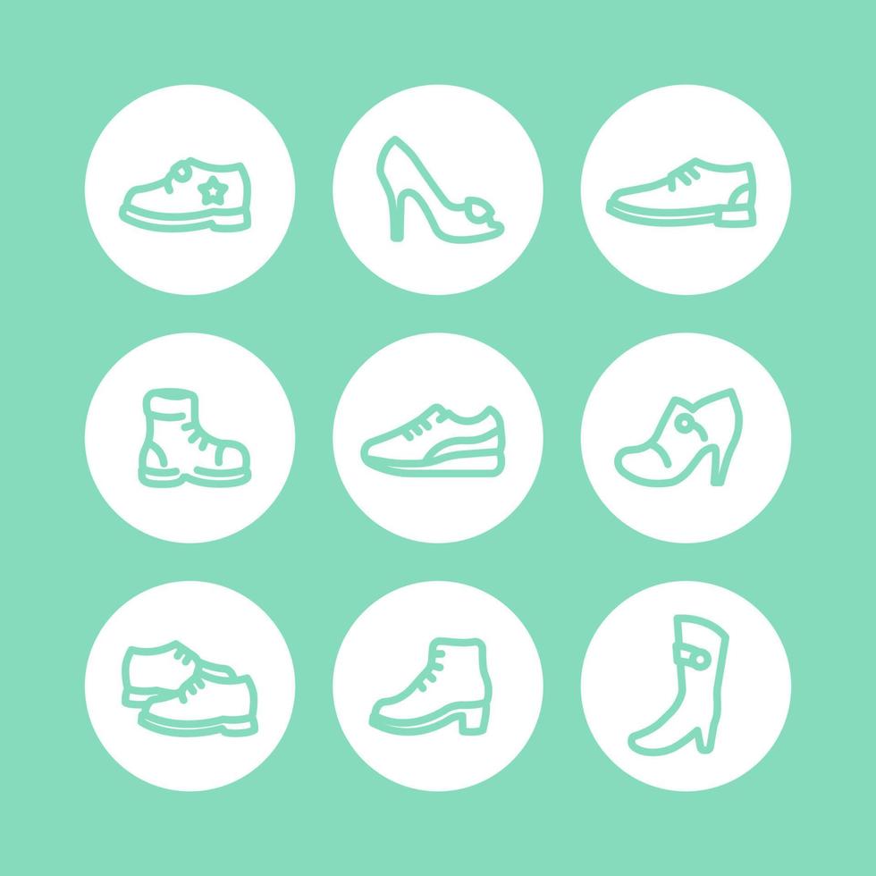 iconos de zapatos, tacones, botas, zapatos deportivos, entrenadores aislados iconos de línea gruesa, ilustración vectorial vector