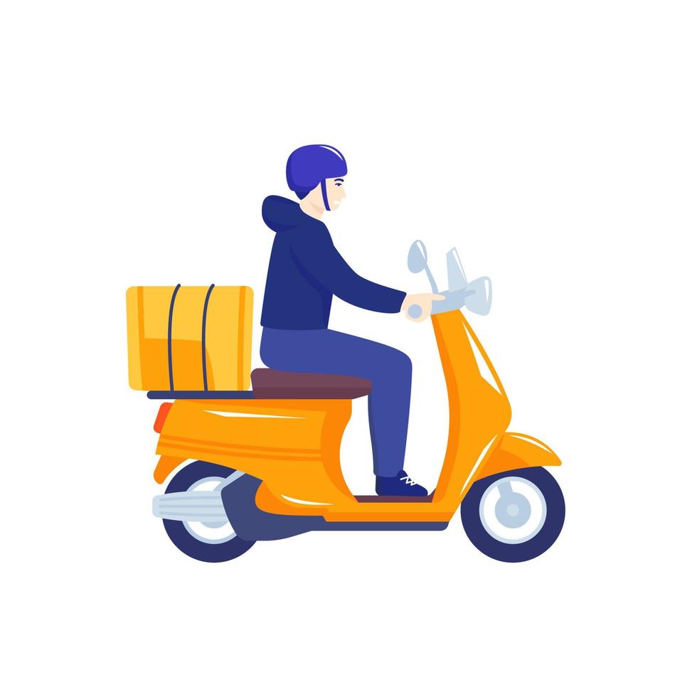 mensajero montando scooter, repartidor en motocicleta aislado en blanco, vector