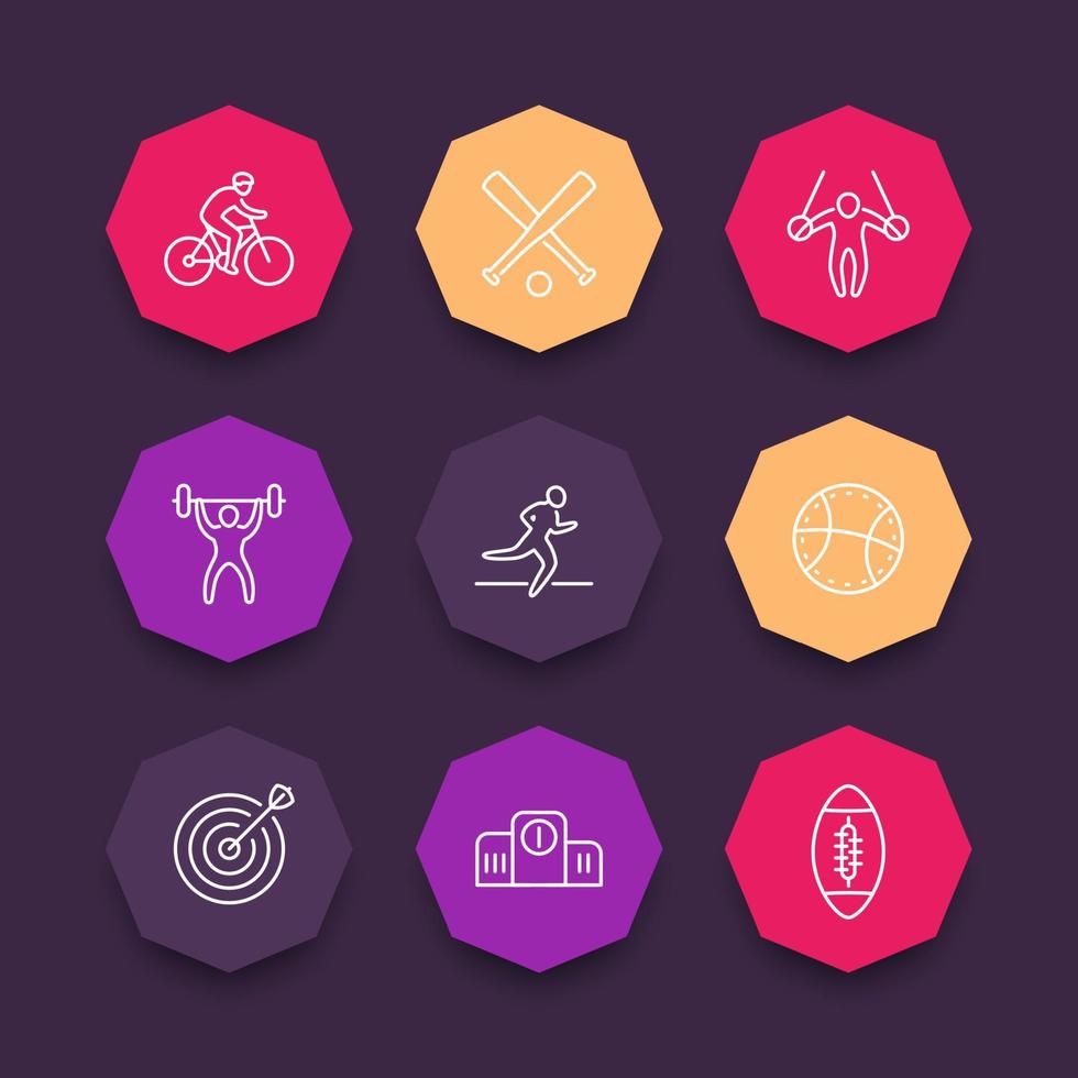 diferentes tipos de deportes, iconos de línea, pictogramas deportivos en formas de octágono de color, ilustración vectorial vector