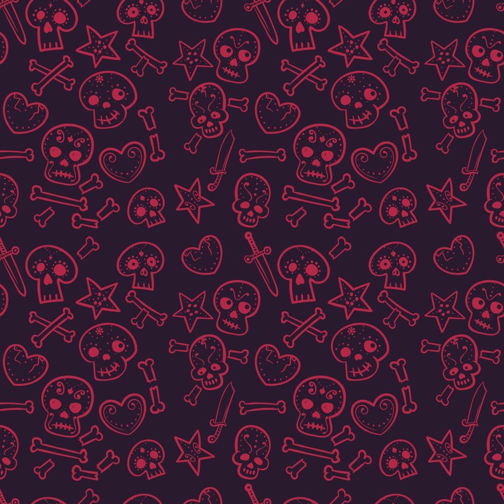 patrón con calaveras y corazones, huesos y dagas, fondo transparente rojo oscuro, ilustración vectorial vector