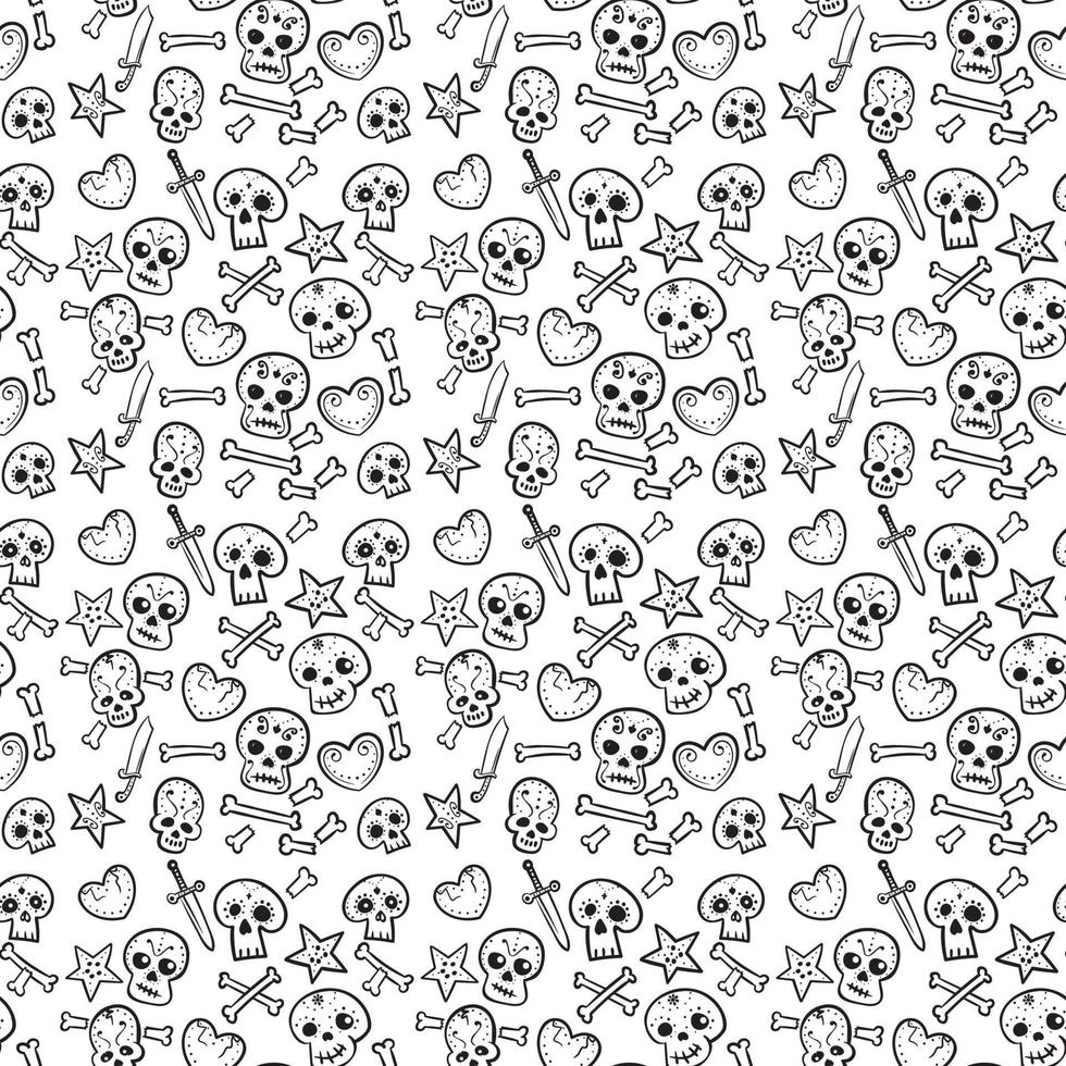 pattern with skulls and hearts, bones and daggers, seamless background in black and white vector