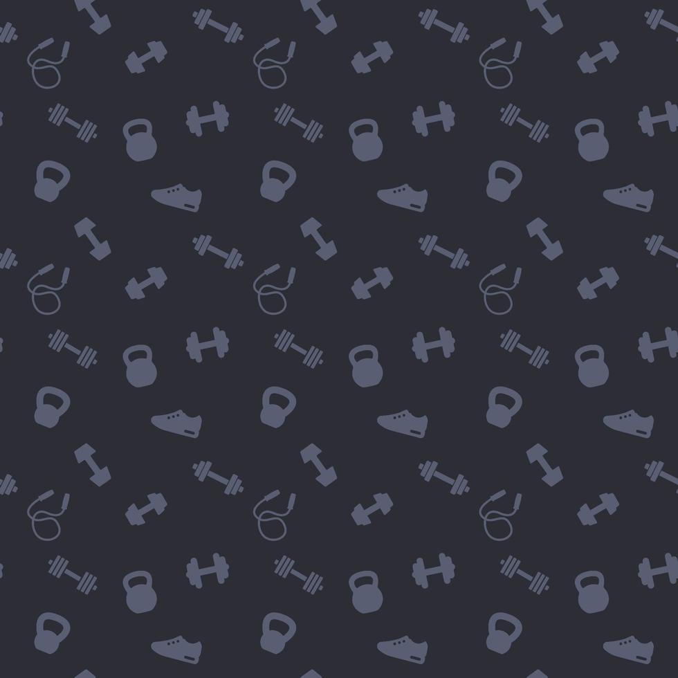 seamless pattern with gym icons, dumbbells, kettlebells, jumping rope, training shoe, dark pattern, vector illustration