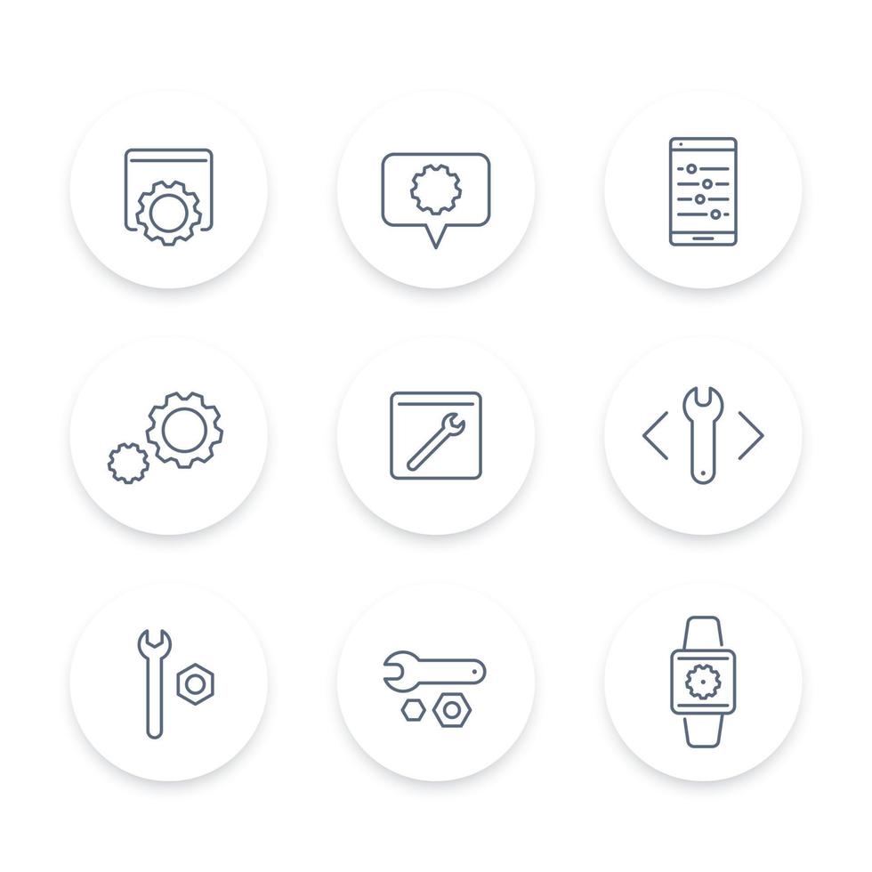 settings, gears, tools, development line round icons, vector illustration