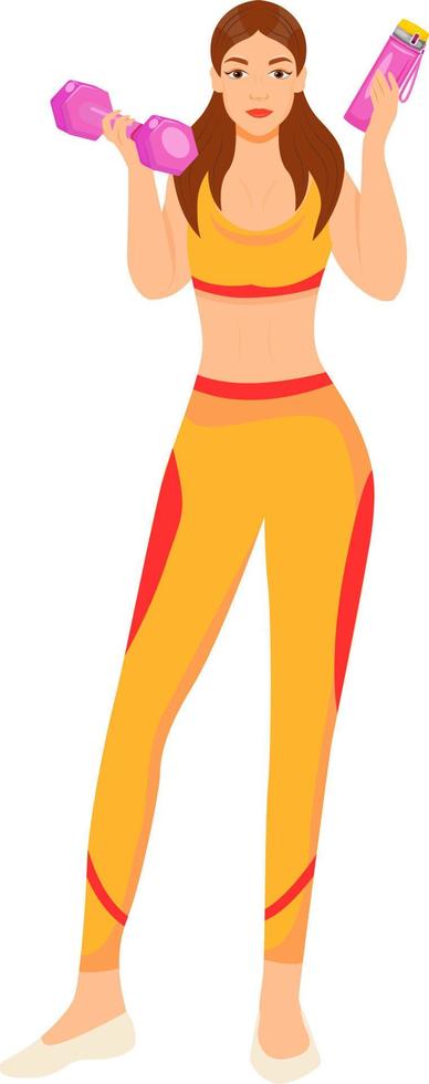 Sporty young girl holding dumbbells semi flat color vector character