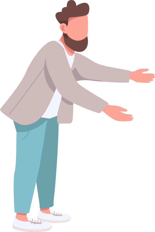 Bearded man stretching arms forward semi flat color vector character