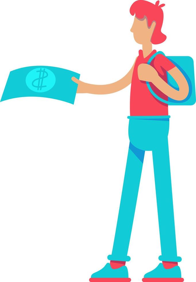 Young man offering banknote semi flat color vector character