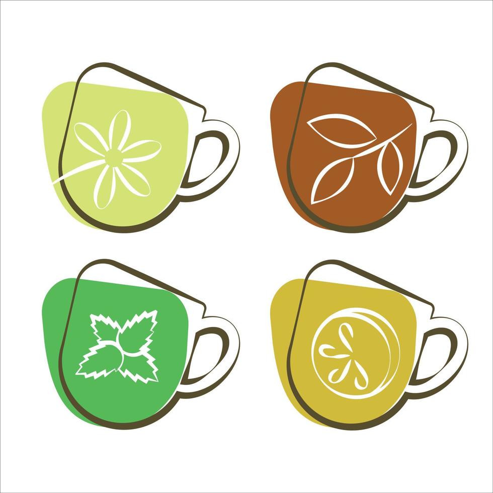 Tea cup icon set. Ginger, jasmine, berry, hibiscus, rose hip tea. Organic drink menu. Line art concept, simply shapes. Vector illustration on white background, isolated