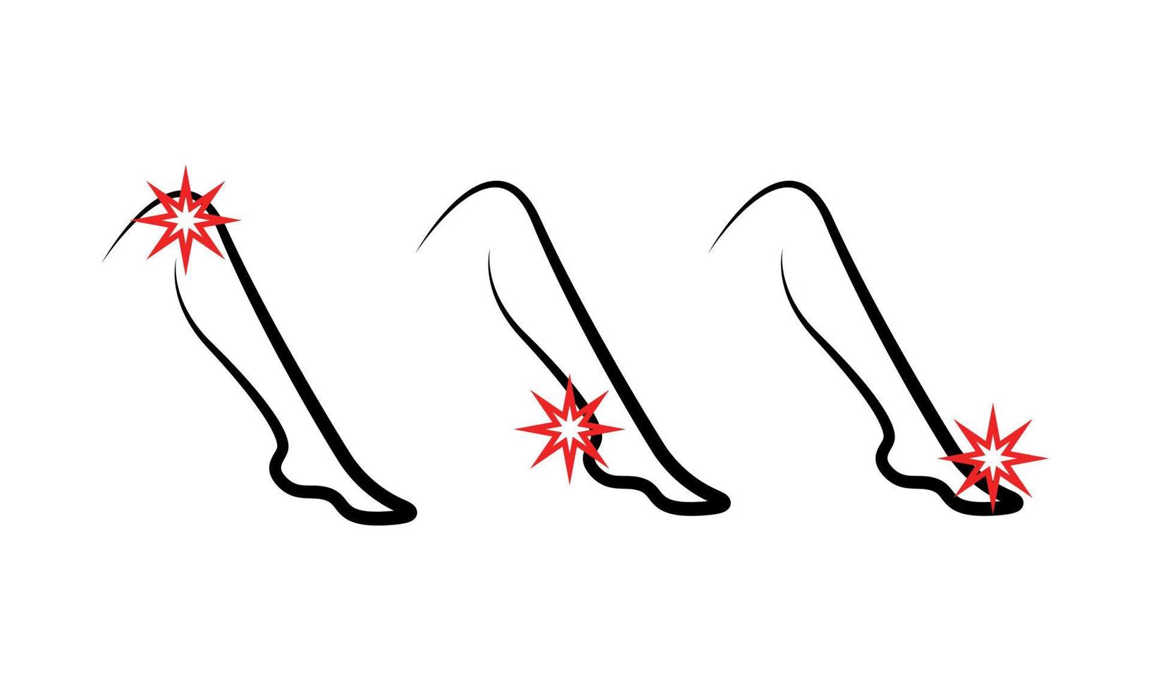 Hand drawn leg with pain marker. Problem knee, joint, calluses and corns. Uncomfortable tight shoes. Medical Outline Symbol. Vector illustration on white background