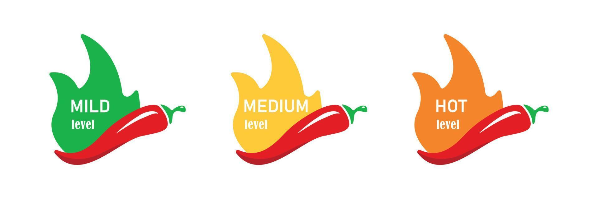 Red Chili Pepper icon set. Indicator fire strength scale. Hot Chilli Pepper with flame on white background. Vector illustration