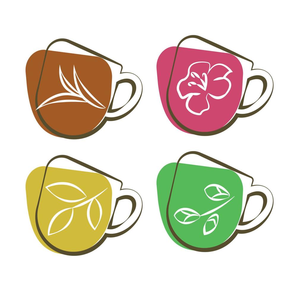 Tea cup icon set. Ginger, jasmine, berry, hibiscus, rose hip tea. Organic drink menu. Line art concept, simply shapes. Vector illustration on white background, isolated