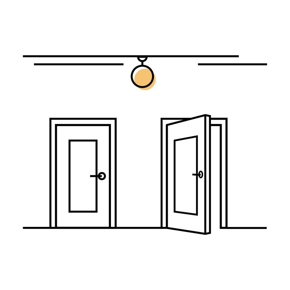 Closed  and open doors in a room line art concept. Finding a choice, way out and  Select the way to achieve. Alternative doorway in front view. Two path options.Vector illustration on white background vector