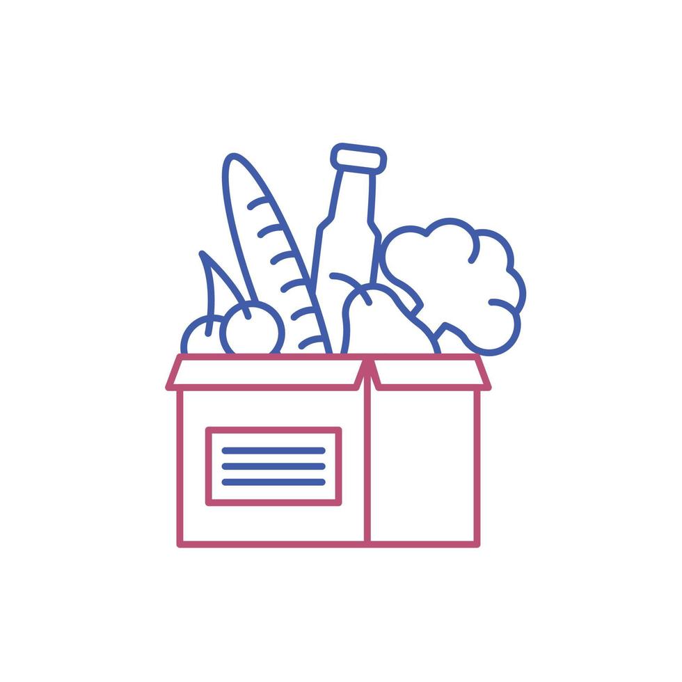 icono de línea de caja de alimentos. concepto de entrega. canasta de paquetes de comestibles llena de comida, mejor trato, productos de buena calidad. ilustración vectorial sobre fondo blanco, aislado vector